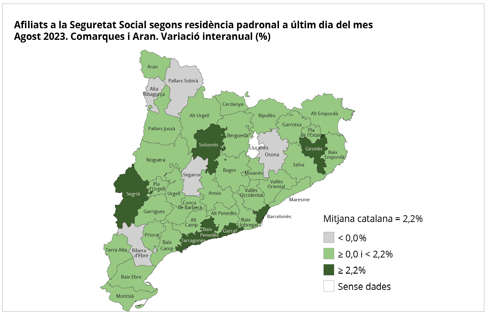 Mapa. Afiliats a la Seguretat Social segons residència padronal a últim dia del mes. Agost 2023. Comarques i Aran. Variació interanual (%) Mapa. Afiliats a la Seguretat Social segons residència padronal a últim dia del mes. Agost 2023. Comarques i Aran. Variació interanual (%)