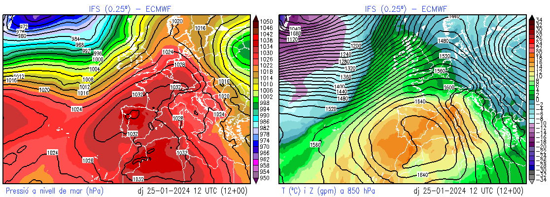Mapes de pressió en superfície i topografia de 850 hPa de dijous 25 de gener al migdia